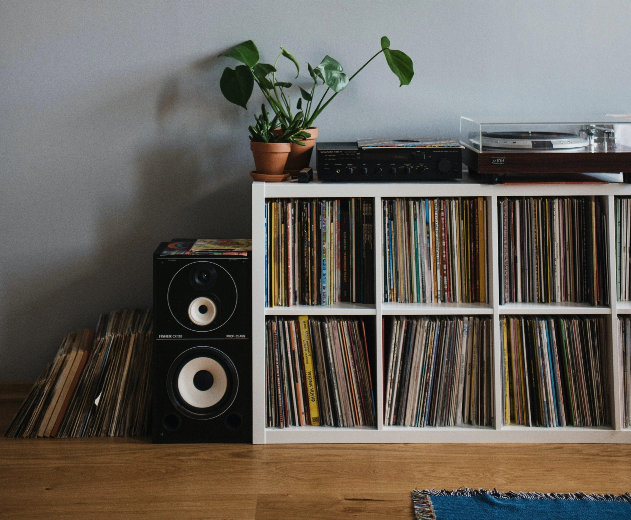 A home listening setup featuring shelves filled with vinyl records.